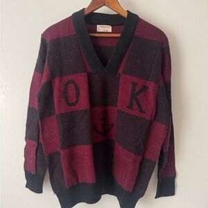 Vintage Wool Anchor Pullover Black V Neck Burgundy Checker